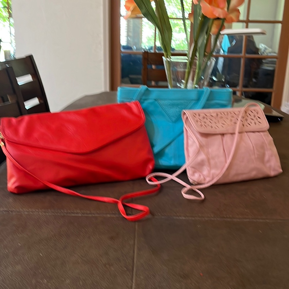 Pastel pink pleather purse, Red clutch with removable strap, Teal handbag.